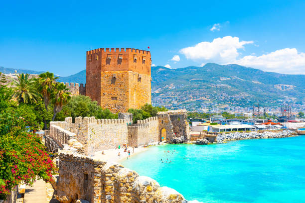 Panoramic view of the harbor of Alanya on a beautiful summer day. Alanya, Turkey stock photo