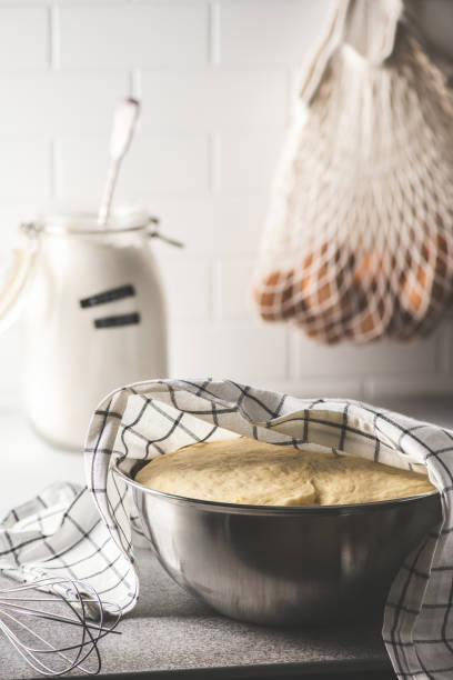 massa de fermento crua em uma tigela em uma mesa de cozinha. - yeast dough - fotografias e filmes do acervo