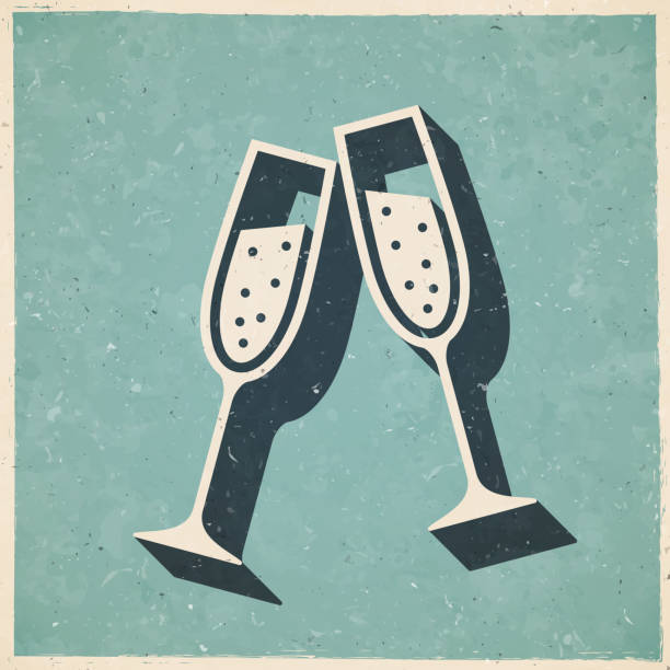 Two glasses of Champagne. Icon in retro vintage style - Old textured paper Two glasses of Champagne" in a trendy vintage style. Beautiful retro illustration with old textured paper and a black long shadow (colors used: blue, green, beige and black). Vector Illustration (EPS10, well layered and grouped). Easy to edit, manipulate, resize or colorize. Vector and Jpeg file of different sizes. champagne-glass-shadow stock illustrations