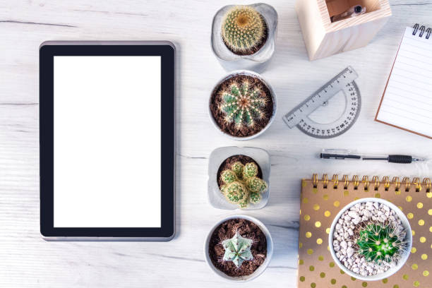 istock Top view on a wooden desk with a tablet, cactuses, a notebook, spiral notebook 1326814043
