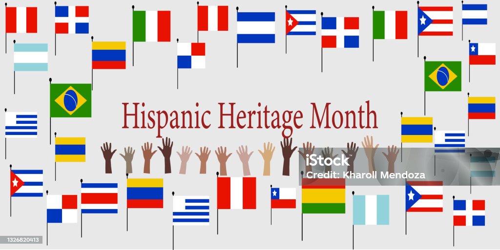 Group of hands with different color and Flags of America. Group of hands with different color and Flags of America. Cultural and ethnic diversity. National Hispanic Heritage Month. National Hispanic Heritage Month stock vector