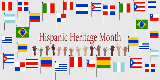 Group of hands with different color and Flags of America. Group of hands with different color and Flags of America. Cultural and ethnic diversity. National Hispanic Heritage Month. national hispanic heritage month illustrations stock illustrations