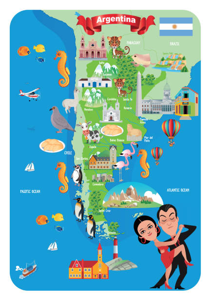 ilustraciones, imágenes clip art, dibujos animados e iconos de stock de mapa de dibujos animados de argentina - turismo argentina