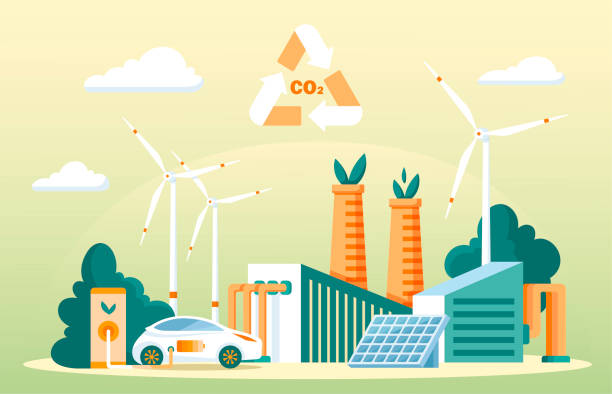 Recycling carbon dioxide vector concept Recycling carbon dioxide concept. Renewable methanol alternative energy. Ecological CO2 consumption for fiber technology production. Nature friendly and clean fuel substitute. Flat vector illustration sustainable energy stock illustrations