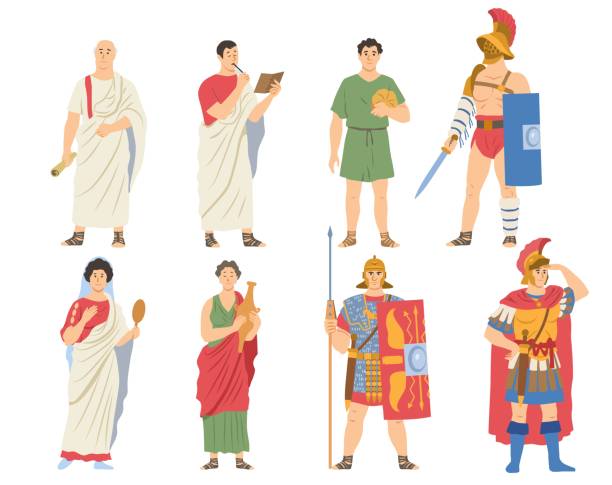 Roman citizens and warriors collection Roman citizens, warriors collection. Male and female characters in traditional clothes. Ancient Rome Citizens and Legionnaires. Set of flat cartoon vector illustrations isolated on white background roman centurion stock illustrations