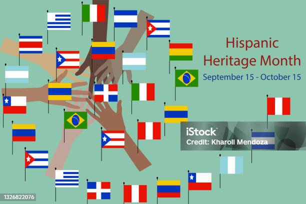 Hands With Different Color And Flags Of America Stock Illustration - Download Image Now - Latin American and Hispanic Ethnicity, Spanish and Portuguese Ethnicity, National Hispanic Heritage Month