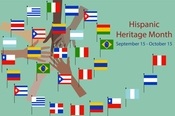 hands with different color and flags of america. - hispanic heritage month 幅插畫檔、美工圖案、卡通及圖標