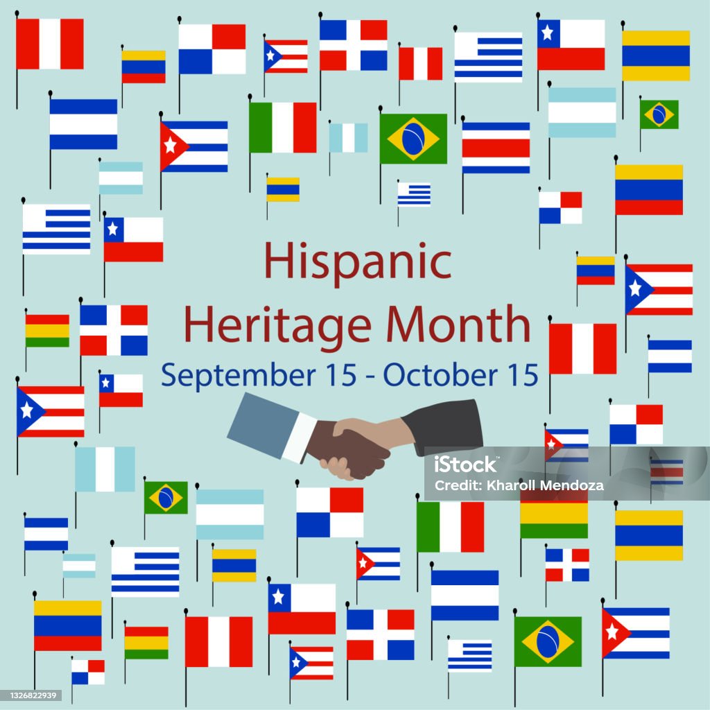 . National Hispanic Heritage Month. September 15 to October 15. Cultural and ethnic diversity. Flags of America with text inscription. National Hispanic Heritage Month. September 15 to October 15. Cultural and ethnic diversity. Latin American and Hispanic Ethnicity stock vector
