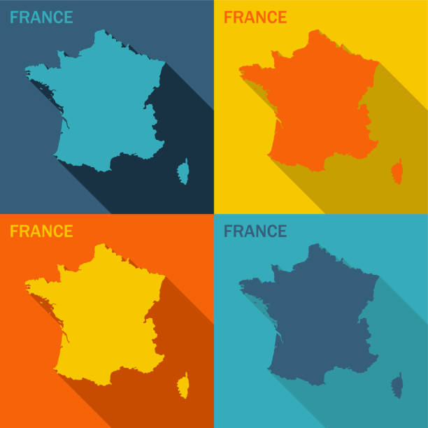 France flat map with long shadow available in four colors