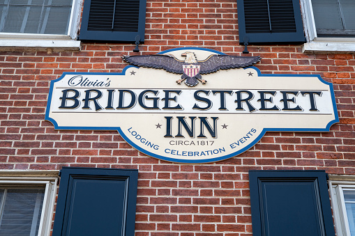 New Hope, USA - June 26, 2021. Facade of Bridge Street Inn in New Hope, Pennsylvania, USA