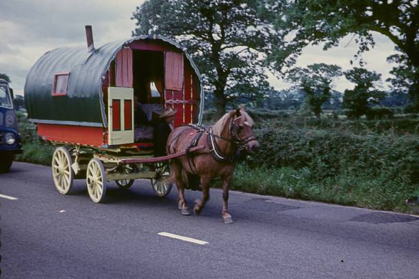 Gypsy wagon on a north west English country road Central England, UK, 1958. Gypsy wagon with owner on a north west English country road. horse cart photos stock pictures, royalty-free photos & images