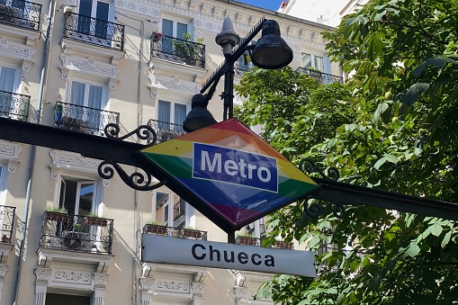Chueca is the epicenter of LGTBI + pride in Madrid and its Metro station is decorated with the colors of the rainbow flag.