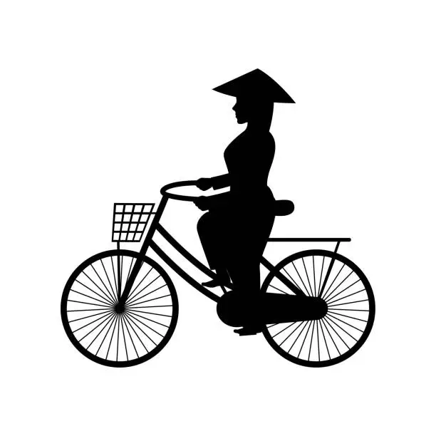 Vector illustration of silhouette design of vietnamese woman ride bicycle