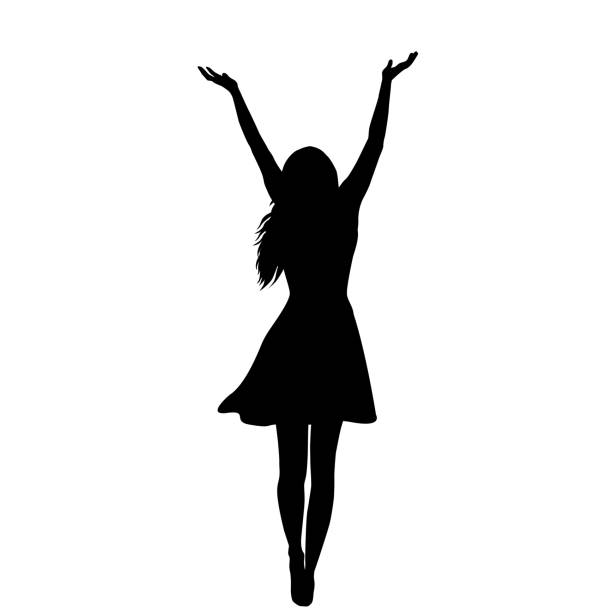 illustrazioni stock, clip art, cartoni animati e icone di tendenza di silhouette di una donna con le braccia alzate goditi la vita - woman with arms raised back view