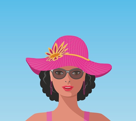 Strong color poster with elegant woman with sunglasses and big pink sun hat. EPS10.