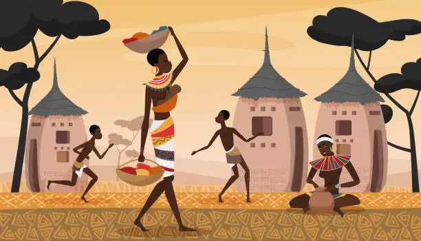 Vector illustration of African village landscape scene, young woman in traditional tribal dress with child