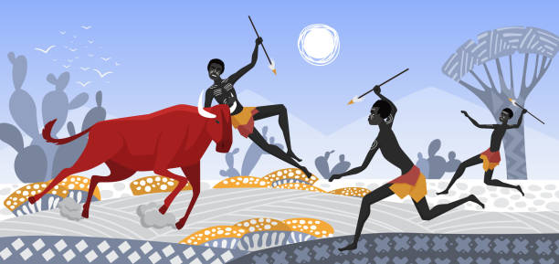 African people with spears hunt wild animals in abstract geometric landscape of Africa African people hunt wild animals in abstract geometric landscape of Africa vector illustration. Cartoon group of man aborigine tribal warrior hunter characters hunting with spears in hands background african warriors stock illustrations