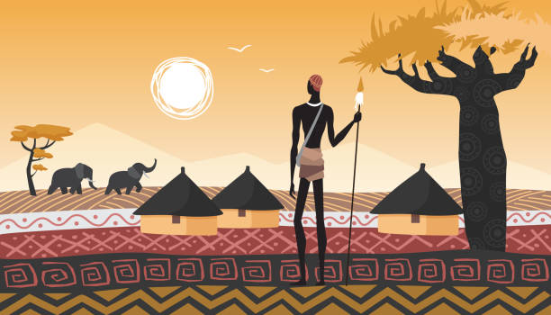 Africa landscape, village and African people in abstract geometric savanna, elephants Africa landscape, village and African people vector illustration. Cartoon man aborigine with spear standing near houses in abstract geometric savanna, sun in sky, trees and elephant animals background african tribe stock illustrations