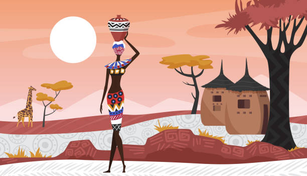 illustrations, cliparts, dessins animés et icônes de paysage rural africain avec un motif géométrique abstrait, village et peuple africain - african baobab