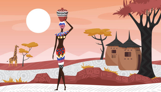 ilustrações, clipart, desenhos animados e ícones de paisagem rural da áfrica com padrão geométrico abstrato, aldeia e povos africanos - afro women african descent silhouette