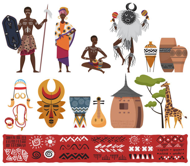 African ethnic tribe people, tribal elements culture, travel to South Africa isolated set African ethnic tribe people, tribal elements culture, travel to South Africa set vector illustration. Cartoon African native pattern, characters in traditional dress costume, totem isolated on white totem pole face stock illustrations