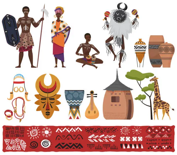 Vector illustration of African ethnic tribe people, tribal elements culture, travel to South Africa isolated set