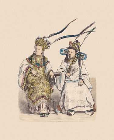 19th century, Chinese costumes in East India: Actresses. Hand colored wood engraving, published ca. 1880.