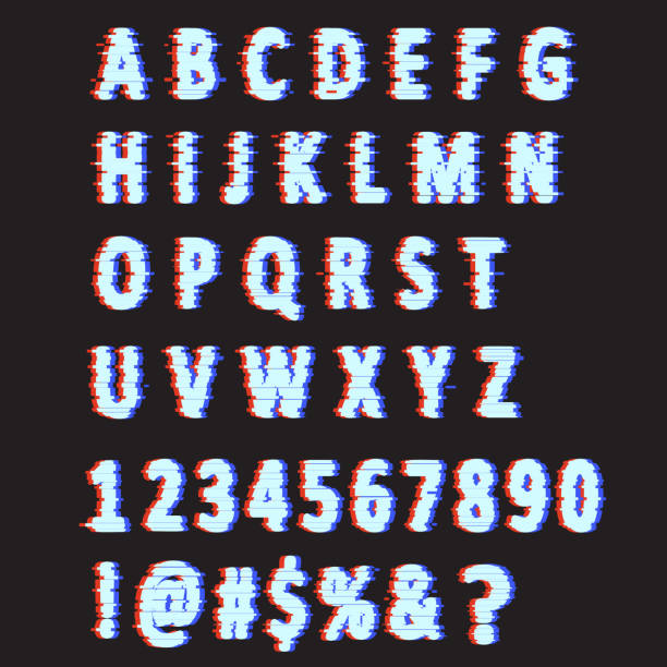 Glitch alphabet with neon edges. Modern font, numbers and punctuation marks. Decorative letters Glitch alphabet with neon edges. Modern font, numbers and punctuation marks. Decorative letters distorted font stock illustrations
