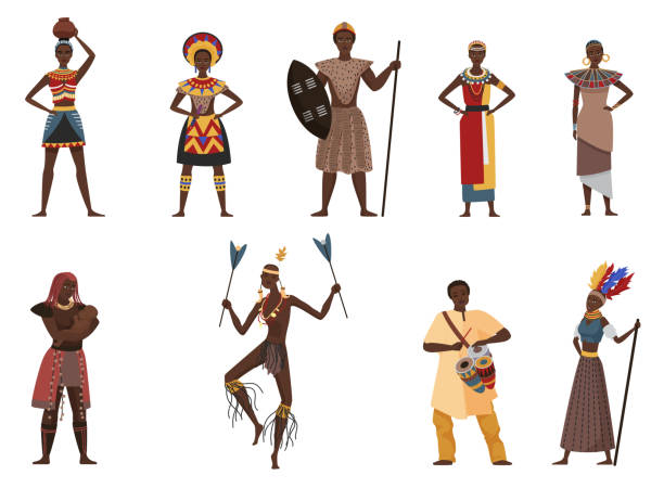 African tribe people, native village ethnicity set, man woman in tribal ethnic clothes African tribe people, native village ethnicity vector illustration set. Cartoon young beautiful woman character in traditional tribal ethnic clothes dress, man with spear collection isolated on white indigenous culture illustrations stock illustrations