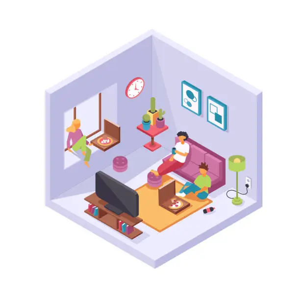 Vector illustration of Leisure, Friends Watching TV and Eating Pizza Isometric Vector illustration