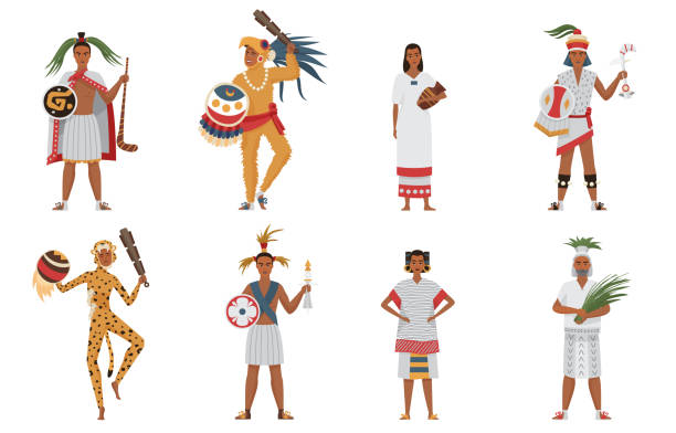 Aztec tribe people of ancient civilization set, man woman in traditional dress clothes Aztec tribe people of ancient civilization set vector illustration. Cartoon man woman characters in traditional clothes and headgear holding weapon or ritual objects collection isolated on white warrior person stock illustrations