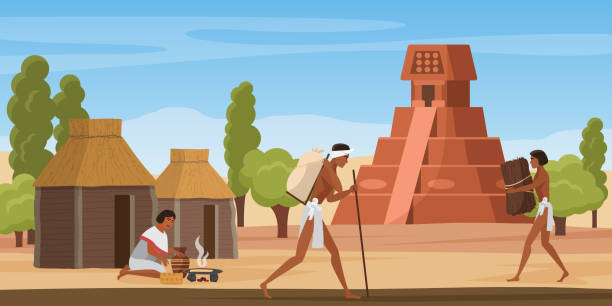 Aztec village landscape with tribe people, ancient maya altar pyramid and walking men Aztec village landscape with tribe people, ancient maya civilization vector illustration. Cartoon altar pyramid building, walking mayan aztec characters among hut houses, woman cooking food background civilization stock illustrations