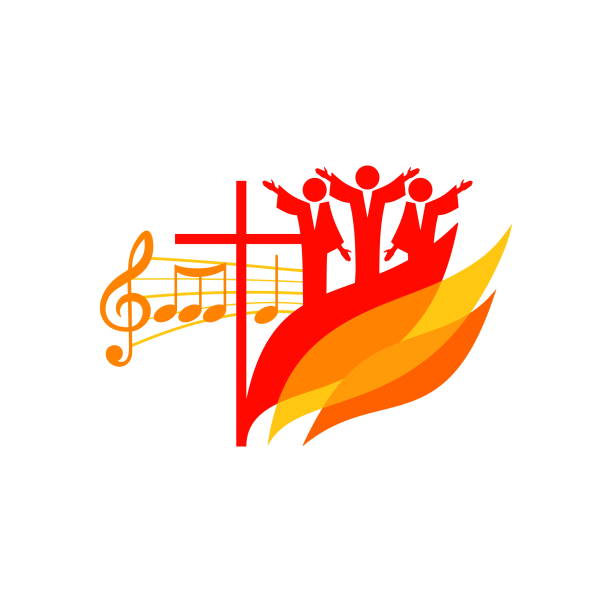 illustrations, cliparts, dessins animés et icônes de logo de la musique. symboles chrétiens. les croyants adorent jésus-christ, chantent avec le feu du saint-esprit - the crucifixion audio