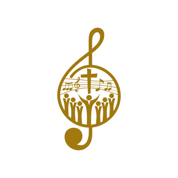 musik-logo. christliche symbole. gläubige in jesus singt dem herrn ein lied der verherrlichung - glorification stock-grafiken, -clipart, -cartoons und -symbole