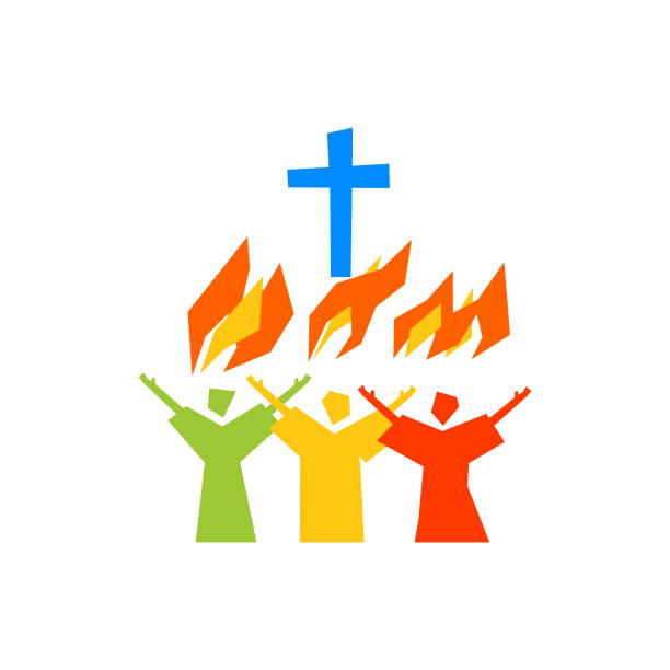 музыкальный логотип. христианские символы. верующие поклоняются иисусу христу, поют с огнем святого духа - the crucifixion audio stock illustrations