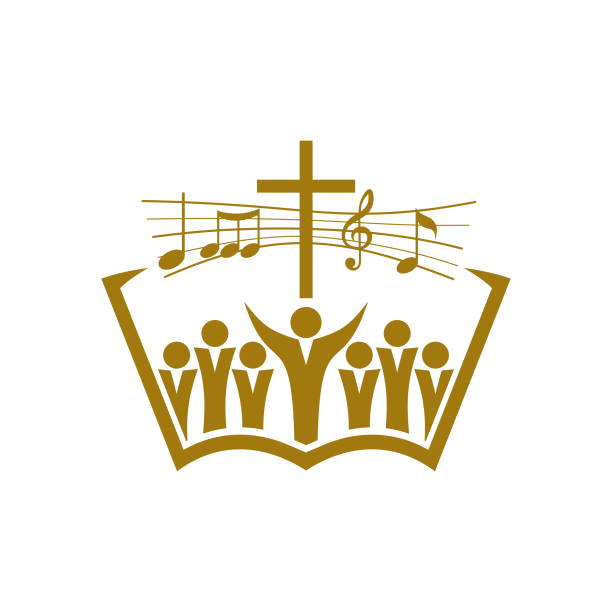 musik-logo. christliche symbole. gläubige in jesus singt dem herrn ein lied der verherrlichung - glorification stock-grafiken, -clipart, -cartoons und -symbole