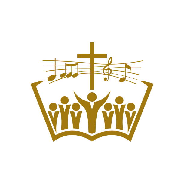 ilustrações, clipart, desenhos animados e ícones de logotipo de música. símbolos cristãos. crentes em jesus cantam uma canção de glorificação ao senhor - the crucifixion audio