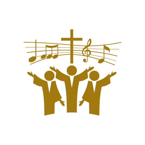 ilustrações, clipart, desenhos animados e ícones de logotipo de música. símbolos cristãos. crentes em jesus cantam uma canção de glorificação ao senhor - the crucifixion audio