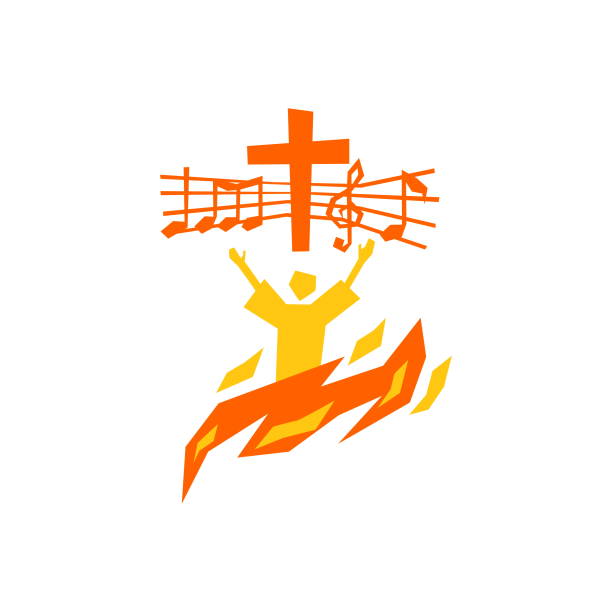 музыкальный логотип. христианские символы. верующий поклоняется иисусу христу, поет славу богу - the crucifixion audio stock illustrations