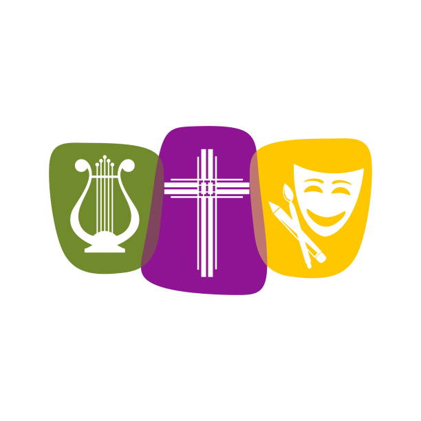 ilustrações, clipart, desenhos animados e ícones de logotipo da equipe criativa cristã realizando produções teatrais, poemas, musicais - the crucifixion audio