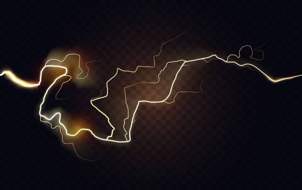 추상적 인 전기 황금 번개, 벼락 라인의 에너지 폭발 빛을 촉발 - electric arc stock illustrations