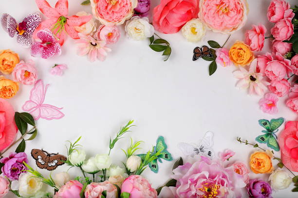 Holiday concept with flowers, spring or summer composition, still life, banner.Podium for advertising products with place for text, Postcard for mothers day, womens day, lovers day, happy birthday, wedding, selective focus, gift for loved ones,