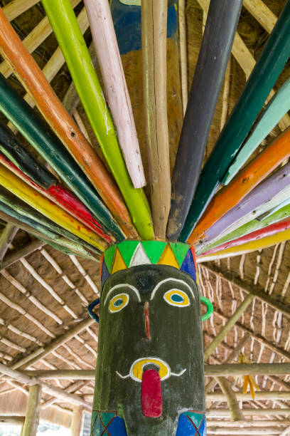 Pichincha - Quito, Puellaro June 27, 2021 - Pichincha, Puellaro: Aya Huma Totem detail made with wood and bambu in the middle of gazebo hut.

The Aya huma, also known as Diabluma, is a spiritual character who is present at the Inti Raymi celebration. His mask is characterized by having two faces to never turn his back to the sun. inti raymi stock pictures, royalty-free photos & images