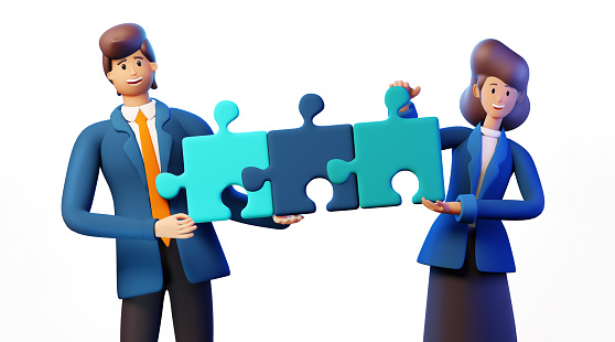 3D Rendering Illustration. Successful business people with puzzles happy, smiling and showing ability to sort out problems. Business, solving problems, consulting, start up, support, advisory concept.