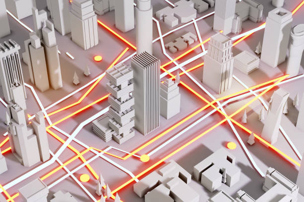 istock 3D Render Abstract city. City plan, streets and skyscrapers with neon traffic lights effect 1326843143