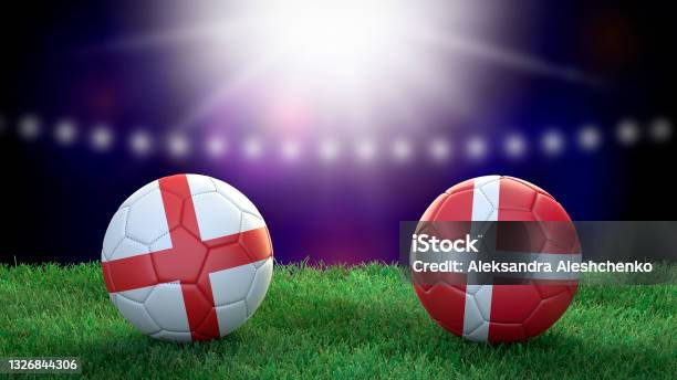 Two Soccer Balls In Flags Colors On Stadium Blurred Background England And Denmark Semifinal Stock Photo - Download Image Now