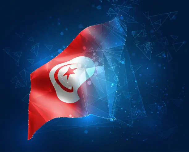 Vector illustration of Tunisia, vector flag, virtual abstract 3D object from triangular polygons on a blue background