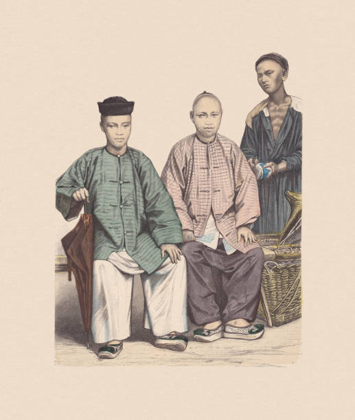 19th century, Cinese costumes in East India: South Chinese Peranakans from  the Straits Settlements (British East India Company, left and center). Chinese cobbler from Singapore (right). Hand colored wood engraving, published ca. 1880.