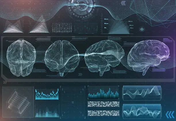 Vector illustration of vector set of brain research interfaces. functional magnetic resonance imaging. hud in blue tones