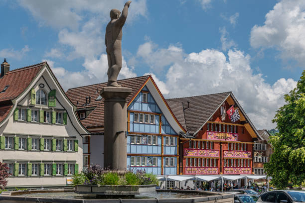 Buildings in the historic part of the town of Appenzell, Switzerland Appenzell, Switzerland - 02.07.2021: buildings in the historic part of the town of Appenzell. The town of Appenzell is the capital of the Swiss canton of Appenzell Innerrhoden, known for its ornamented buildings. appenzell innerrhoden stock pictures, royalty-free photos & images